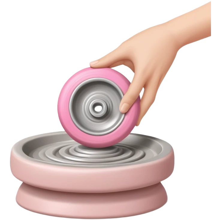 one hand throwing a pink ball of clay onto a flat silver pottery wheel surface emoji