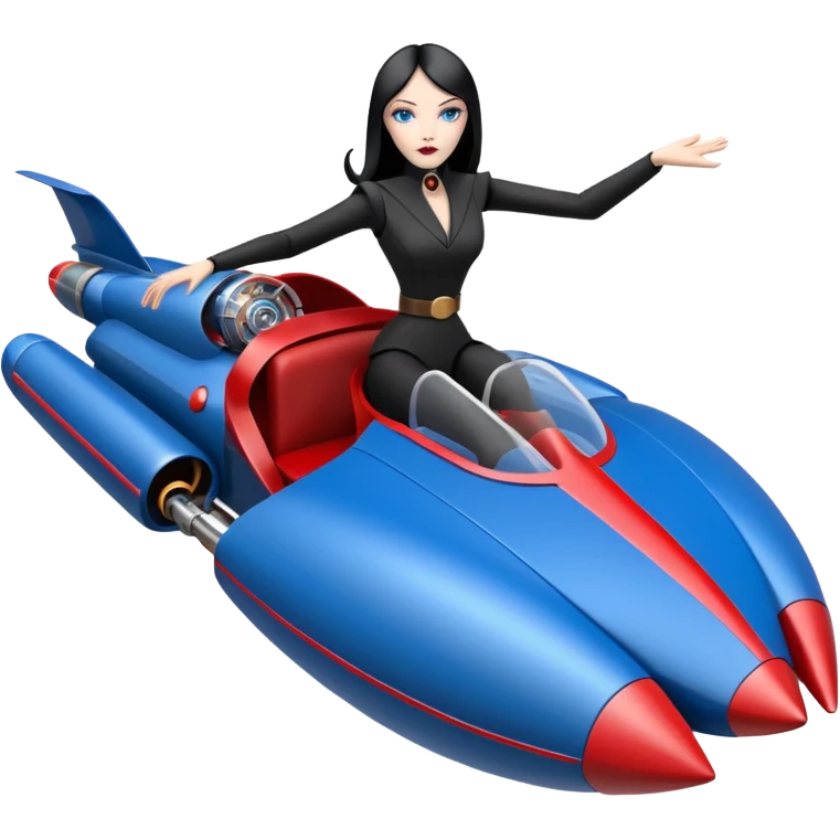 Ultra Jetson’s Jedi teen Morticia Addams flying a red and blue Zephyr-J Jumpspeeder anti-gravity repulsorlift powered by an imperial speeder steampunk hypercar  emoji