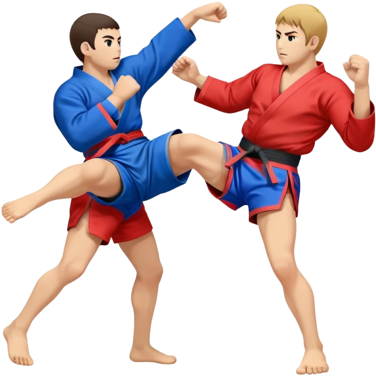 An icon symbolizing Sambo, featuring two fighters in blue and red kimonos with shorts and wrestling shoes. One executes a powerful throw, while the other attempts a defensive grab. The fighters are engaged in a grapple, using joint locks and sweeps.  emoji