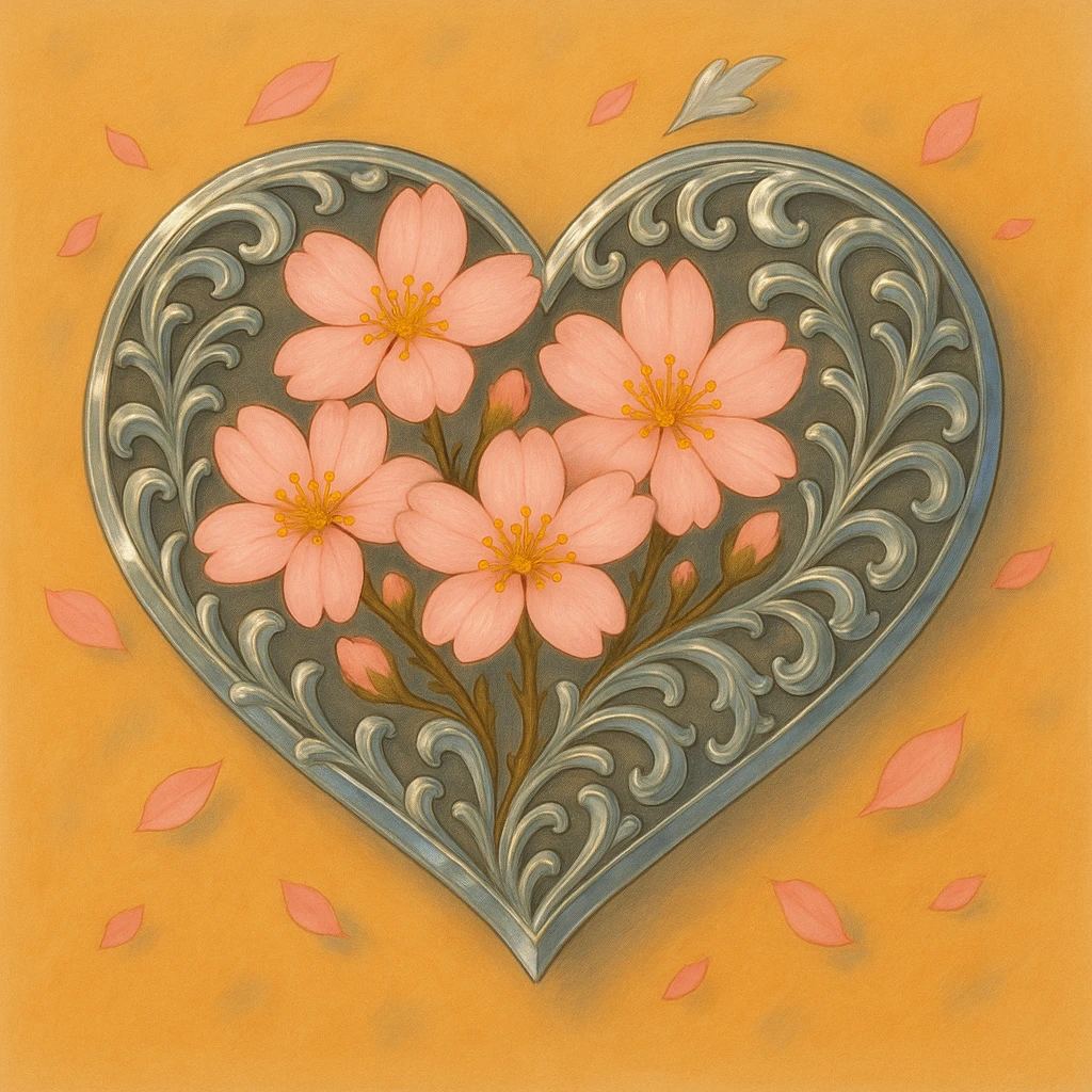 Make the silver accents and details absolutely dominant and overwhelming on the heart with sakura, ghibli style. emoji