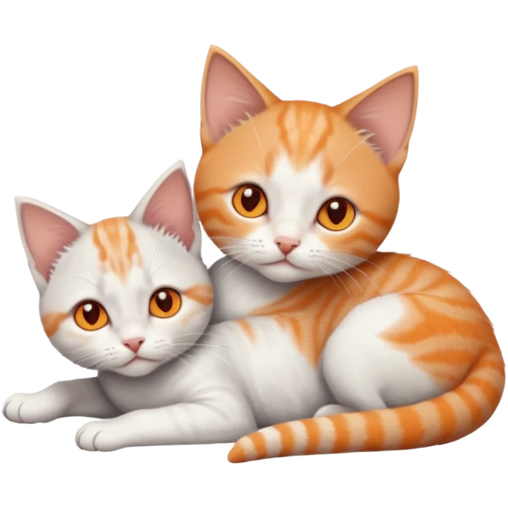 full body of very small + skinny ginger and white kitten with deep orange eyes and triangular shaped face lying down cuddling a grey and white kitten who is a bit bigger than him emoji