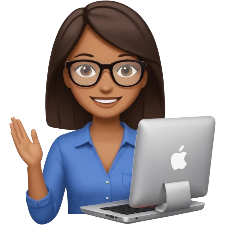 woman with tan skin, chest-length straight dark-brown hair and glasses, smiling and holding mac computer emoji