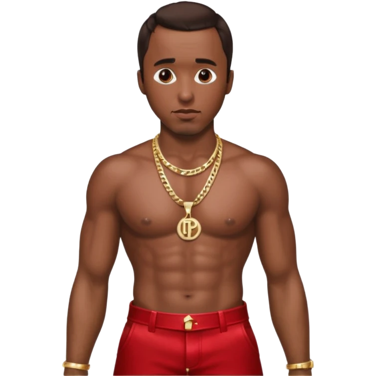 P Diddy with dark brown hair, metallic red pants, shirtless with necklace emoji