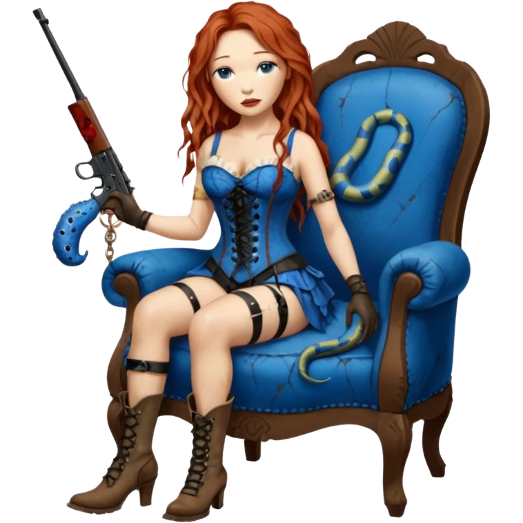realistic cinematic Tori Amos sits on a rocking chair in a torn corset, holding an antique rifle and her bare feet are muddy. A blue snake is wrapped around the chair. emoji
