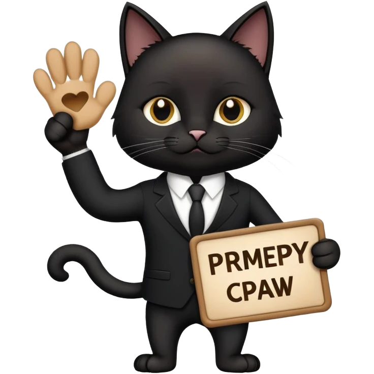 A black cat in a black business suit holds a sign with the inscription "PrimeCopy" in one paw emoji