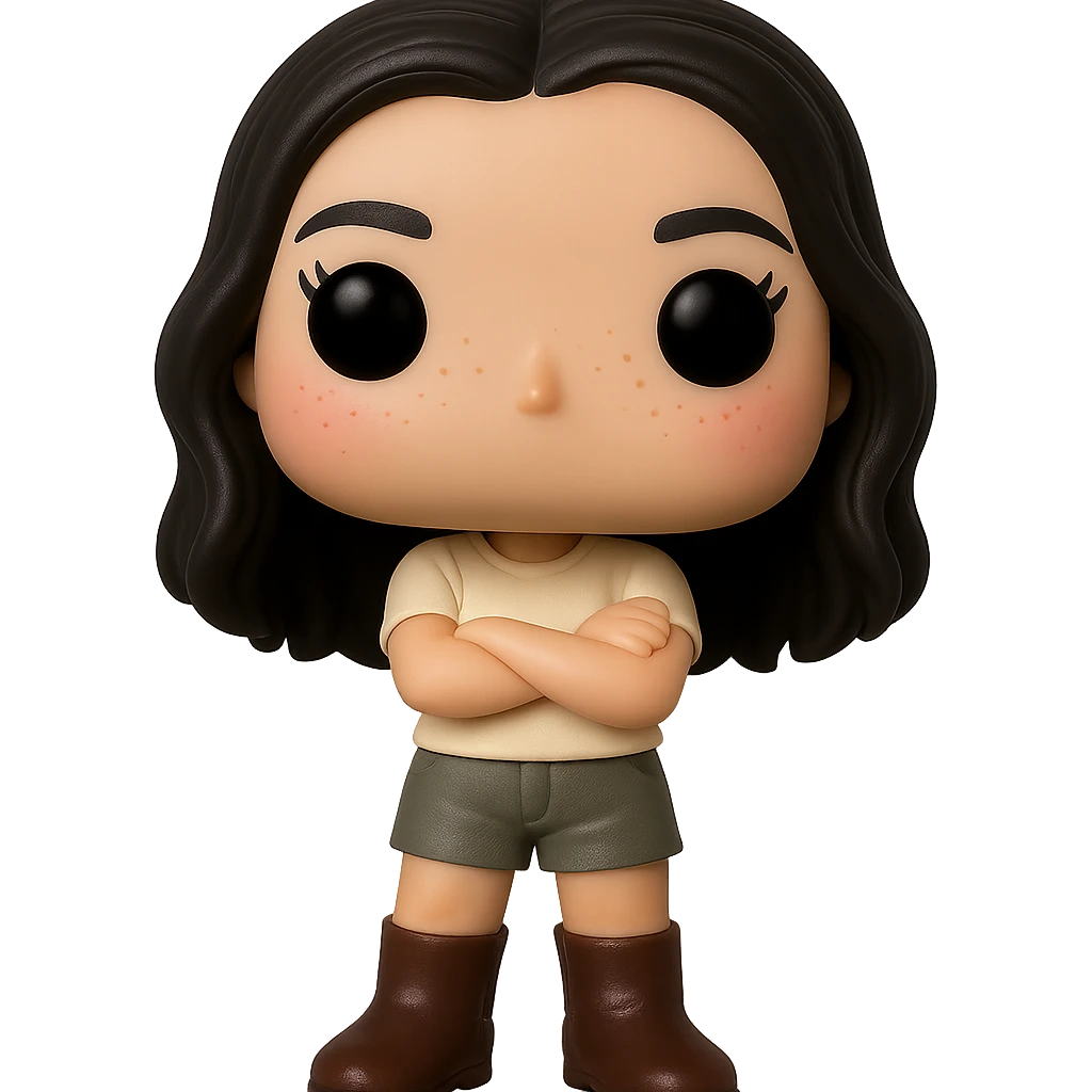Edit the image into a Funko Pop style vinyl figure with realistic details. The figure should have no mouth, cream-colored top, grey bottoms, dark brown boots, and arms crossed. Add slightly rosy cheeks, very light freckles, and a mischievous and cheerful expression. The figure has dark hair. Remove the background to make it transparent. emoji