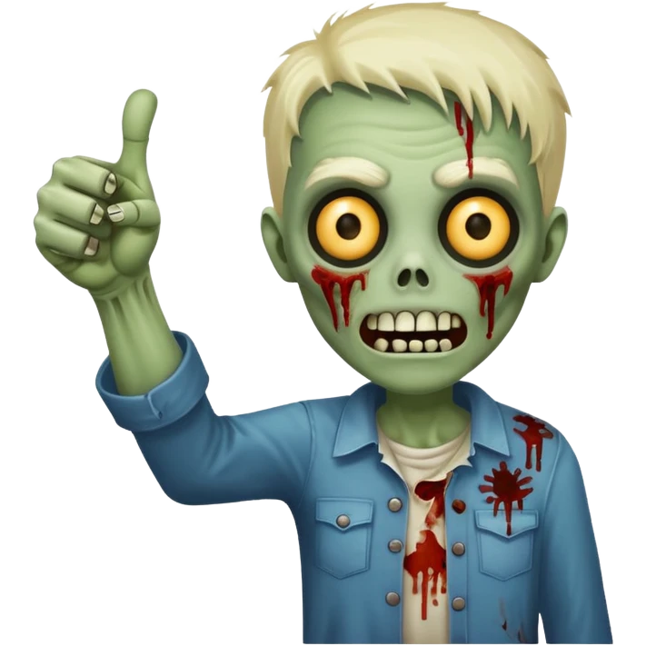 A cute, cheerful, full-length zombie is standing, holding out a hand and a thumbs-up sign. emoji