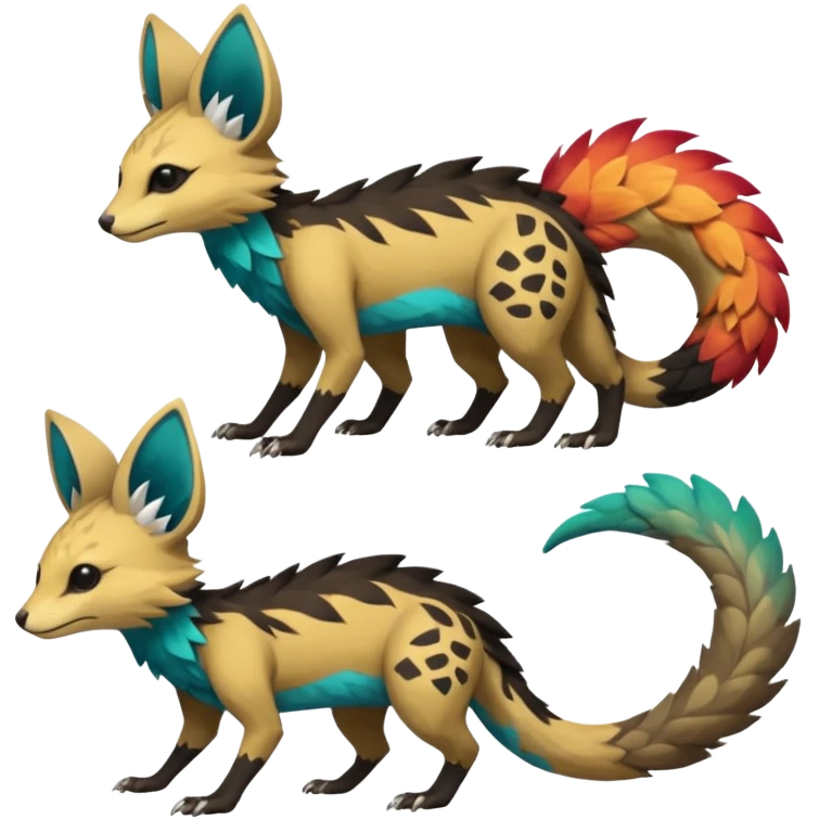Rare realistic exotic edgy epic pretty beautiful handsome gorgeous aesthetic colorful vibrant Vernid-Trico-species-Fakemon-creature by LiLaiRa, 4 legs, 1 tail, random markings, tufted ears, (full body) emoji