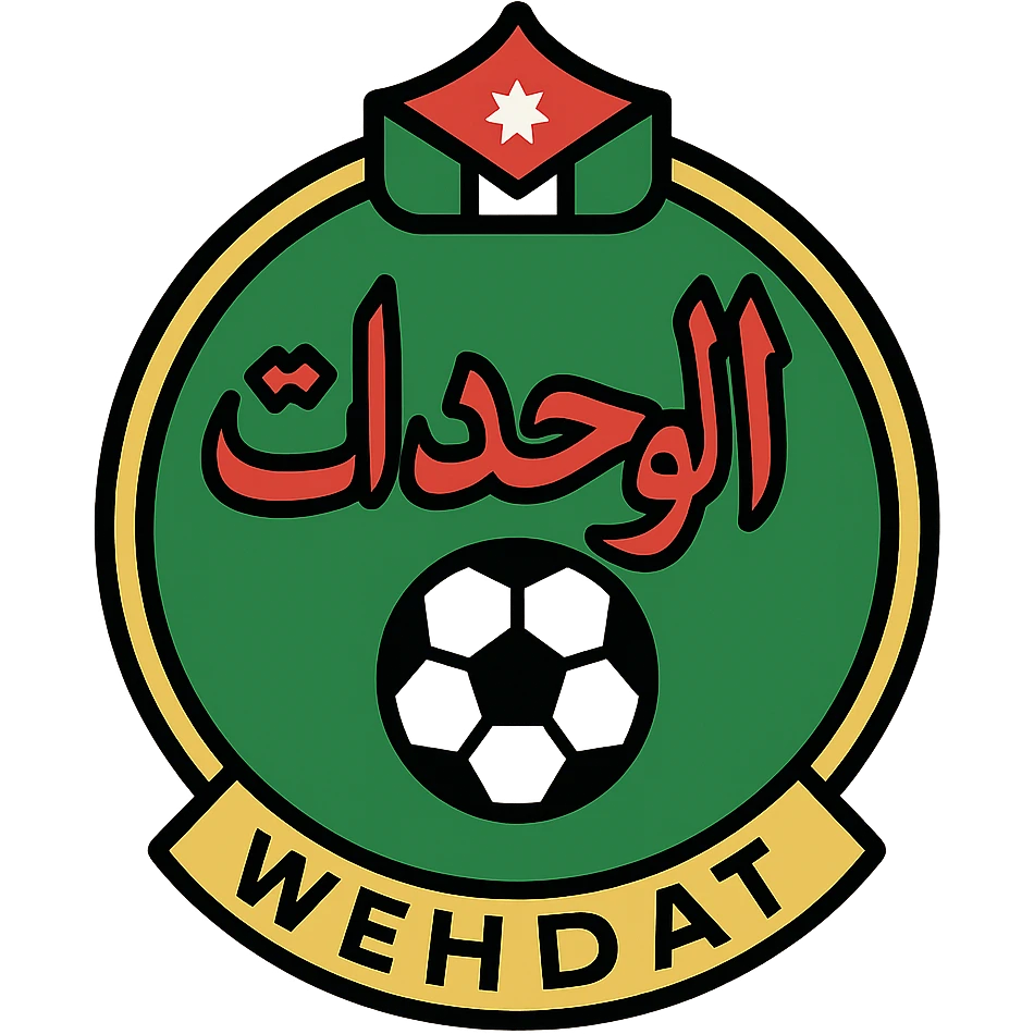 Wehdat Club logo, circular emblem, green and red with gold trim, Arabic calligraphy, soccer ball, elegant and prestigious emoji