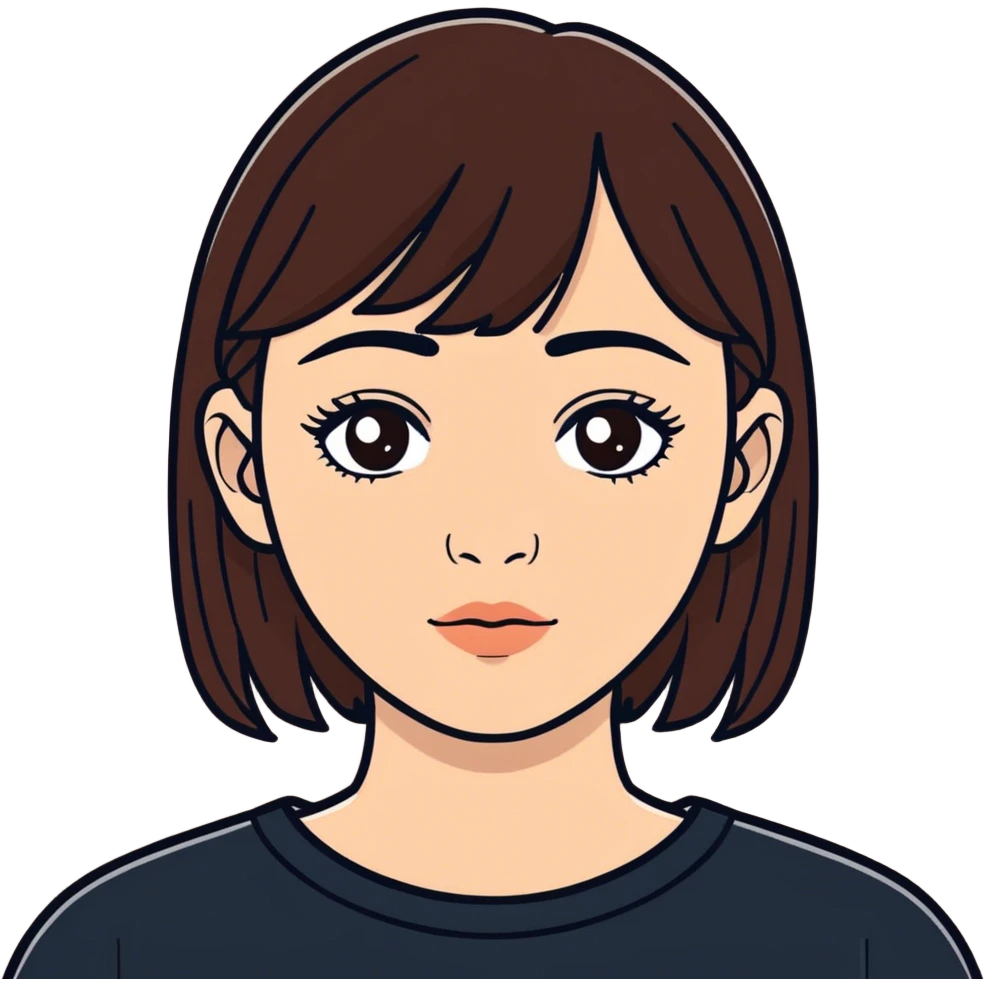 person with a fringe and dark brown hair. freckles brown eyes and a small upturned nose, average lips emoji