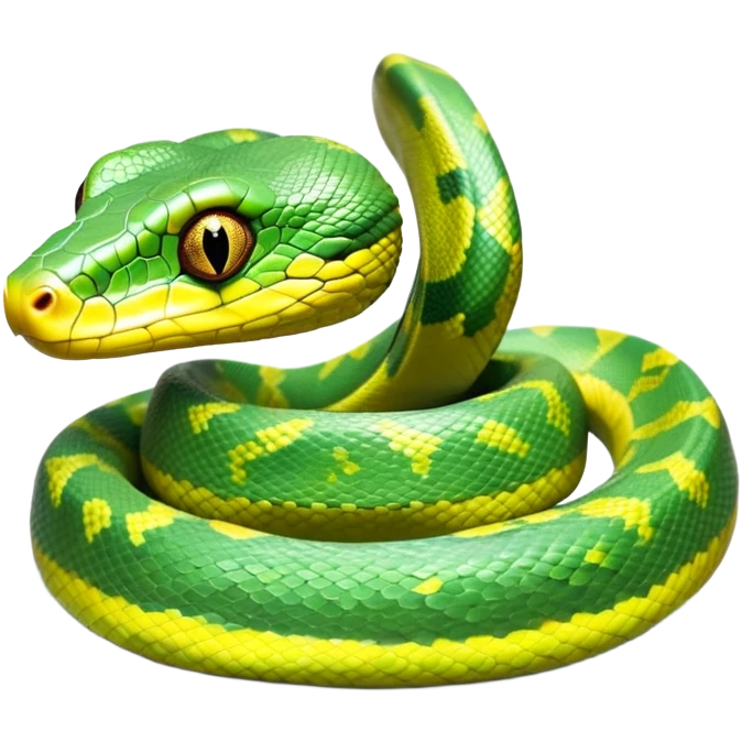 cinematic-green tree python-realistic-full-body-coiled-emoji,-thick-scaled-body-looped-tightly,-intricate-tellow and green-patterned-scales-reflecting-light,-head-tilted-dramatically,-cute-eyes-staring-calmly,-simplified-yet-realistic-focused-feature emoji