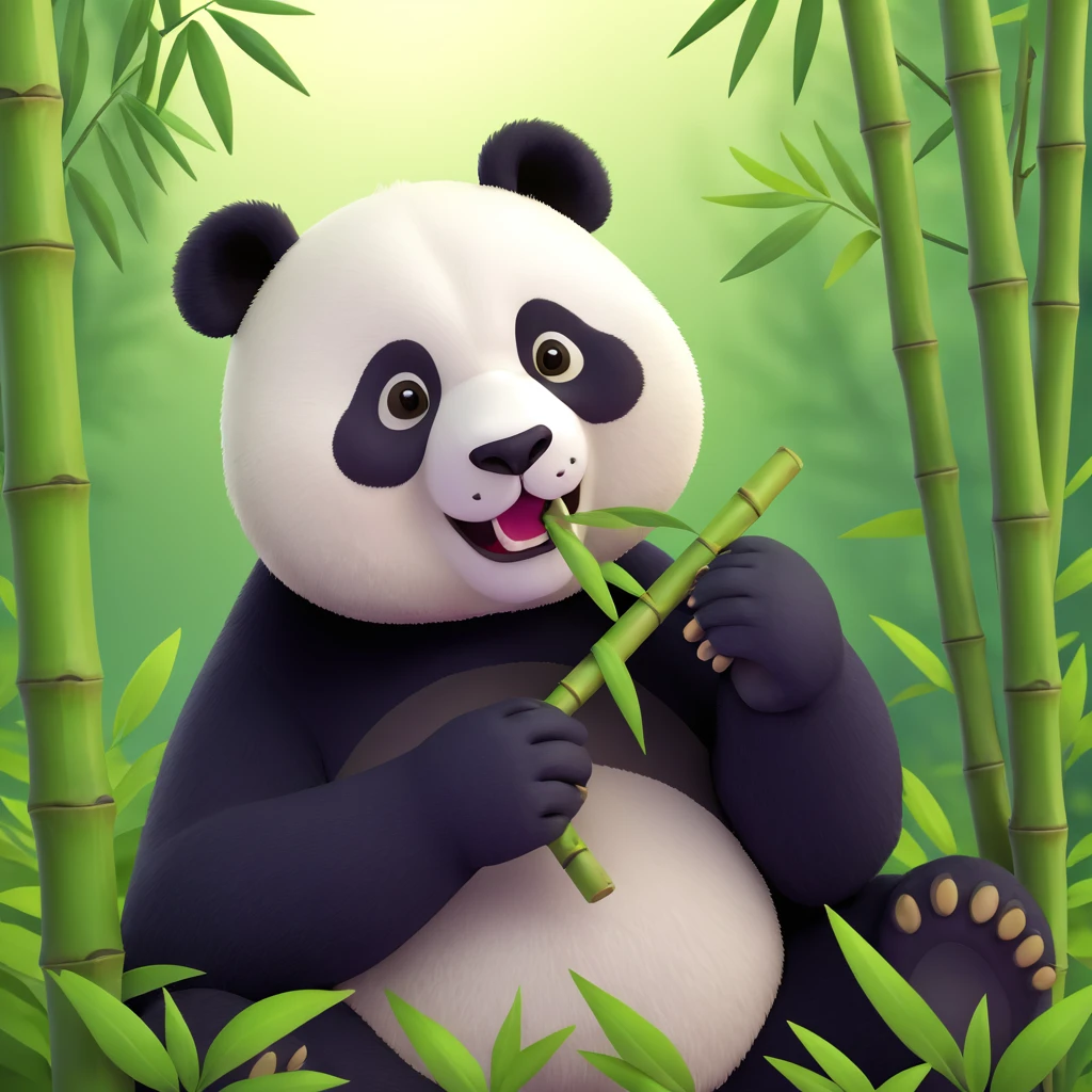 panda eating bamboo in forrest background, close up pose emoji