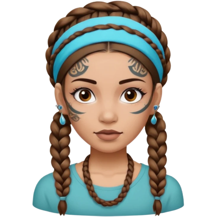 big lose braids starting from the top of the head woman face wiith big visible braids and mono color headband on head  face and braids as big as headband and lots and lots of face tattoos colored tattoos like a tattoo artist hair different color emoji