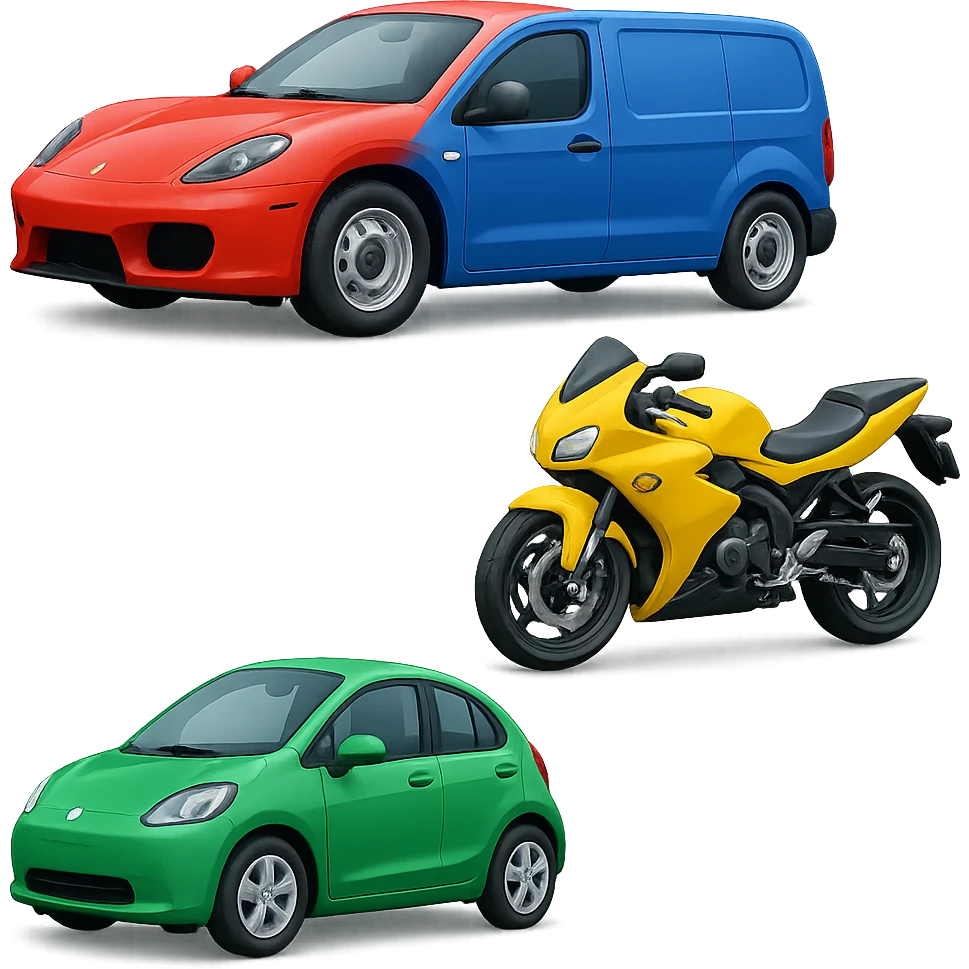 Make each vehicle a different color: sport car in red, van in blue, motorbike in yellow, electric vehicle (EV) in green. Keep the detailed and stylized 3D emoji style. Remove the background. emoji