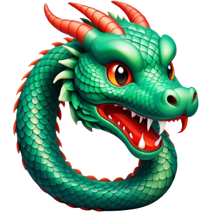 Cinematic Cute Chinese Serpent Dragon Portrait Emoji, Head tilted playfully and inquisitively, showcasing a slender, flowing body with vibrant jade scales and soft vermilion accents intertwined with whimsical wisps of cloud and water details; rendered with realistic finesse and warm natural light, high shine, charming and spirited, styled with a touch of mythic whimsy, soft glowing outline, capturing the essence of a mischievous yet endearing celestial dragon poised to weave magic into your dreams! emoji