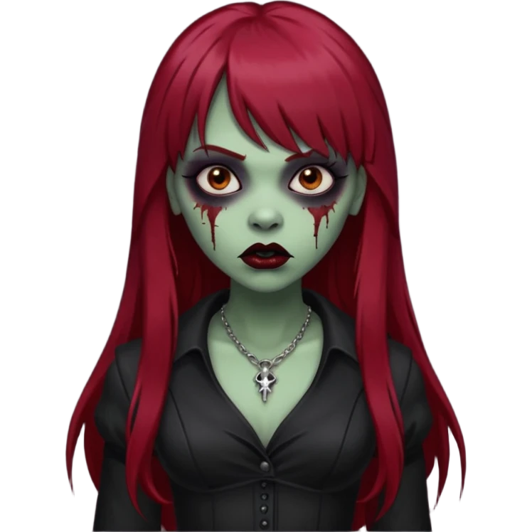 vampira gótica parda zumbi de cabelo longo e vermelho escuro e franja e roupa com decote e batom preto emoji
