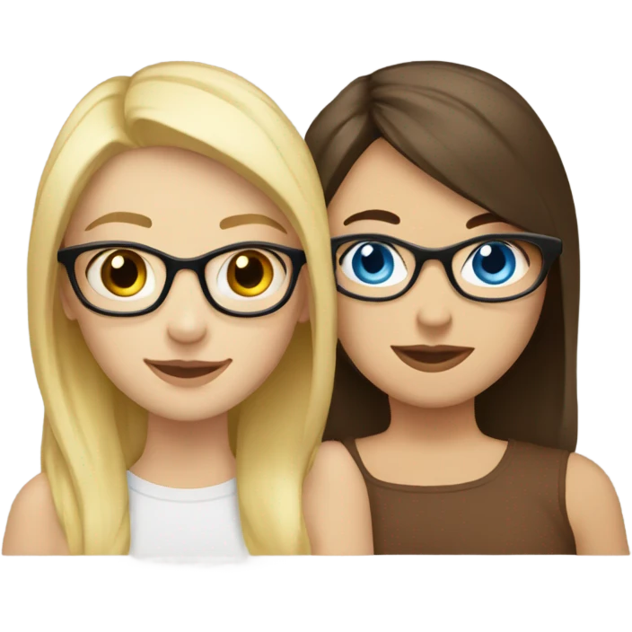 Blonde girl with blue eyes and glasses hugging brunette girl with brown eyes and no glasses both white emoji
