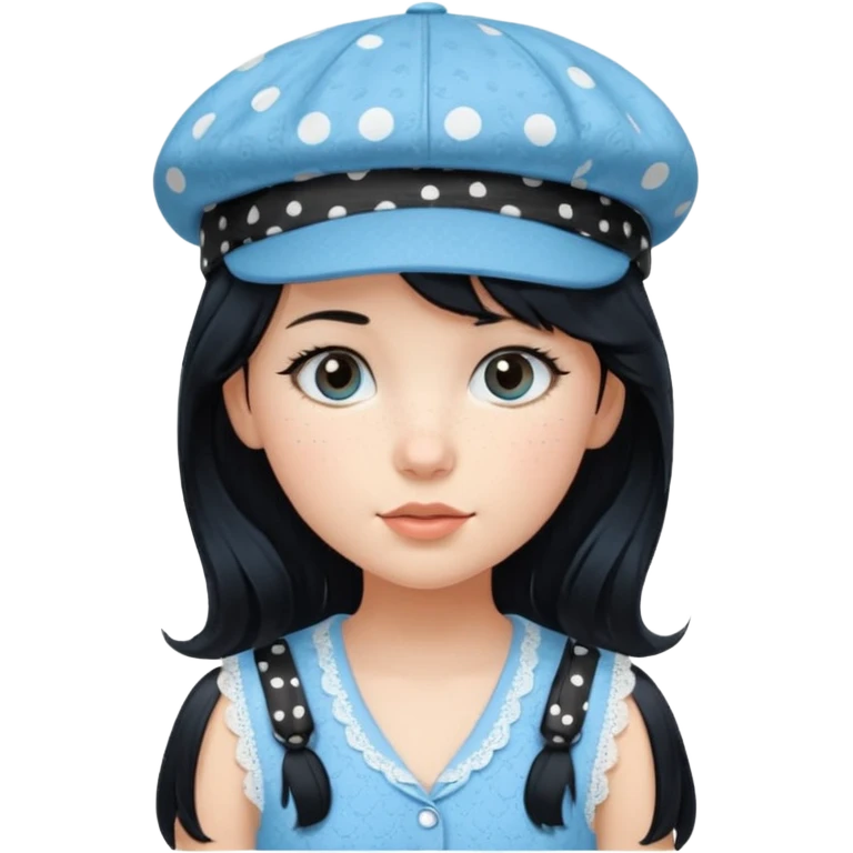 pinterst girl with heavy bang, black long hair and black pica dot newsboy cap on her hat, wearing baby blue color lace sleeveless  emoji