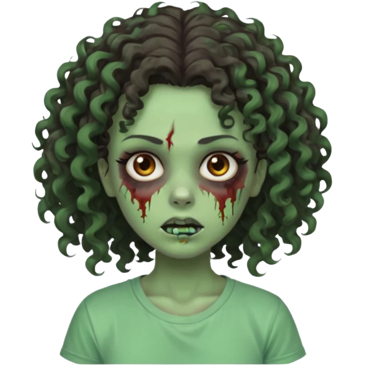 zombie girl with curly hair n brown eyes, dark and long hair 3a with wavy scalp, just a tshirt emoji