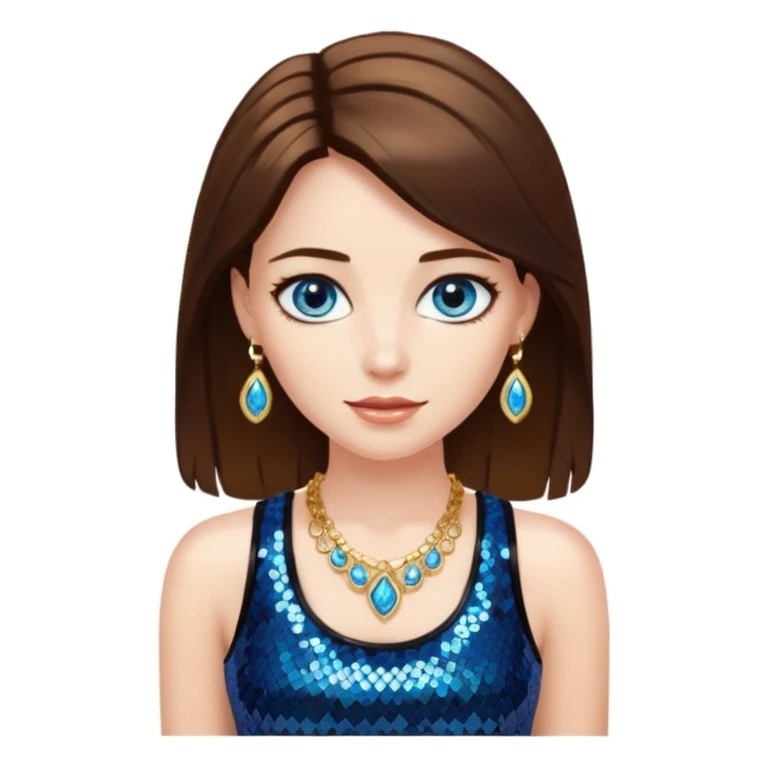 A woman with smooth brown hair with white skin and blue eyes, she has a black sequined tank top and golden jewelry emoji