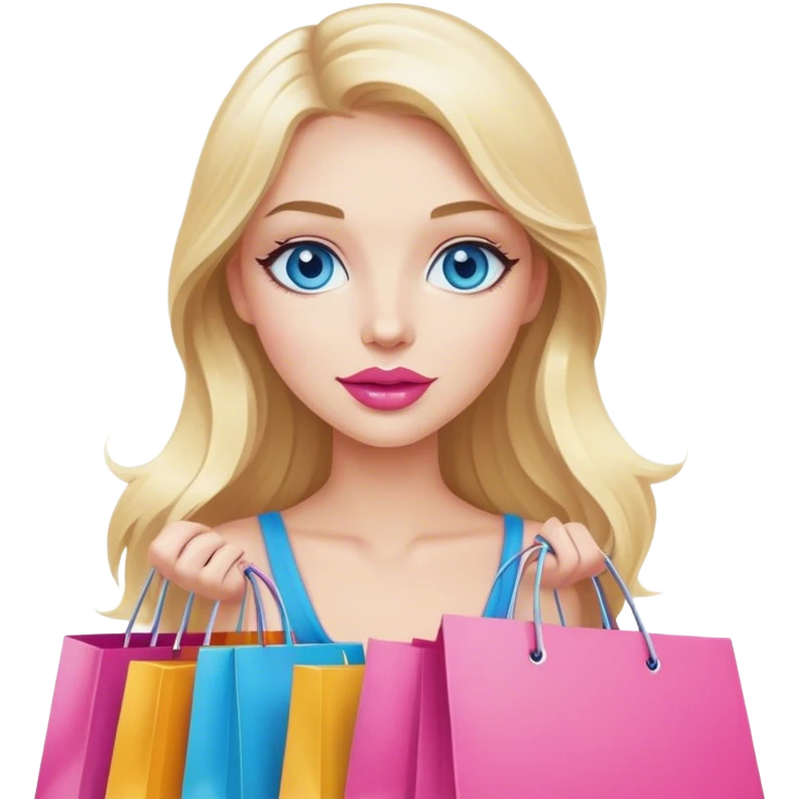Cinematic realistic blonde with long hair, blue eyes and pink lips holds shopping bags in her hands emoji