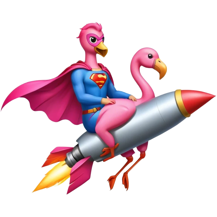 Flamingo with Supermancape sitting on a rocket emoji