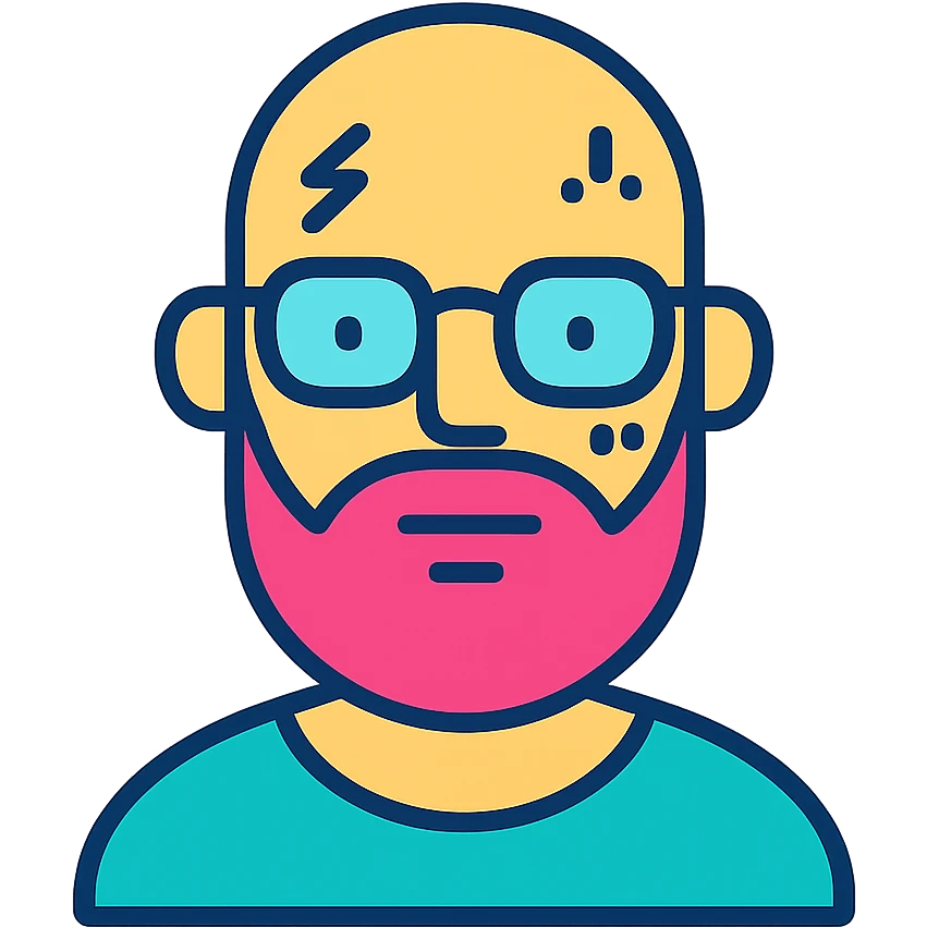 bald man with pink beard, glasses, and face tattoos, modern illustration emoji