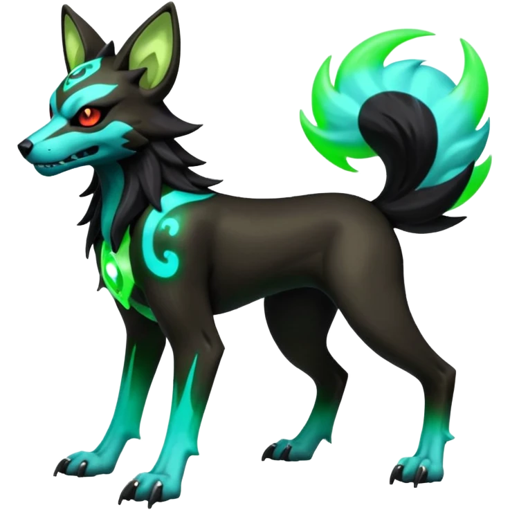 Hyper realistic demonic skeletal black and neon green futuristic shiny colorful bioluminescent cyber-Poochyena-Lycanroc-Zorua-Litten-Houndoom-Fakémon-Pokémon-Digimon-hybrid-fusion (full body) with a skull face emoji