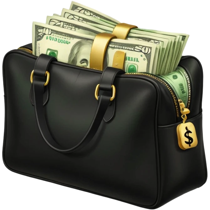 Create a black leather bag with a stack of cash a lot of money in authentic Apple emoji style. emoji