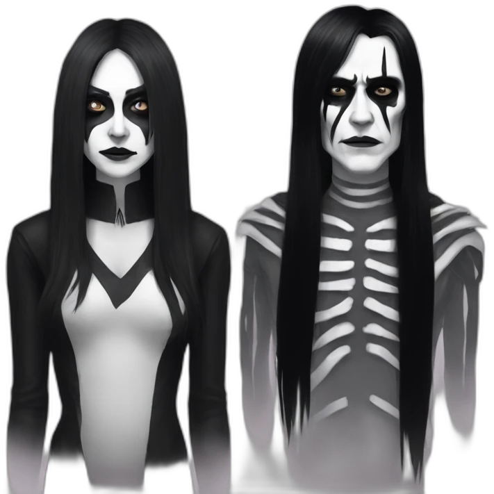a man with long black hair and a woman with long black hair and bangs both wearing corpse paint emoji