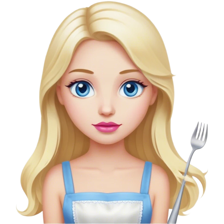 Cinematic realistic beautiful blonde with long hair, blue eyes and pink lips in a white dress cooks emoji
