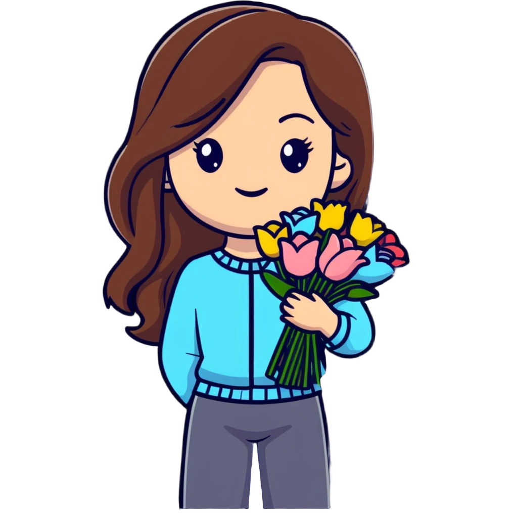 cool girl with long brown hair holding a bouquet of flowers, trendy outfit, stylish emoji