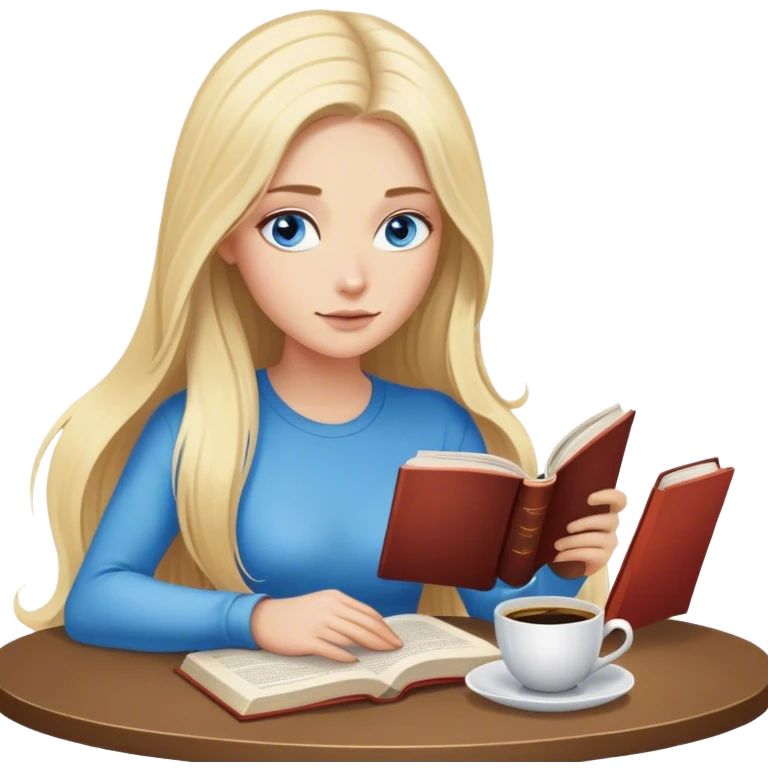 Cinematic realistic blonde with long hair and blue eyes, sitting reading a book, coffee is on the table next to her emoji