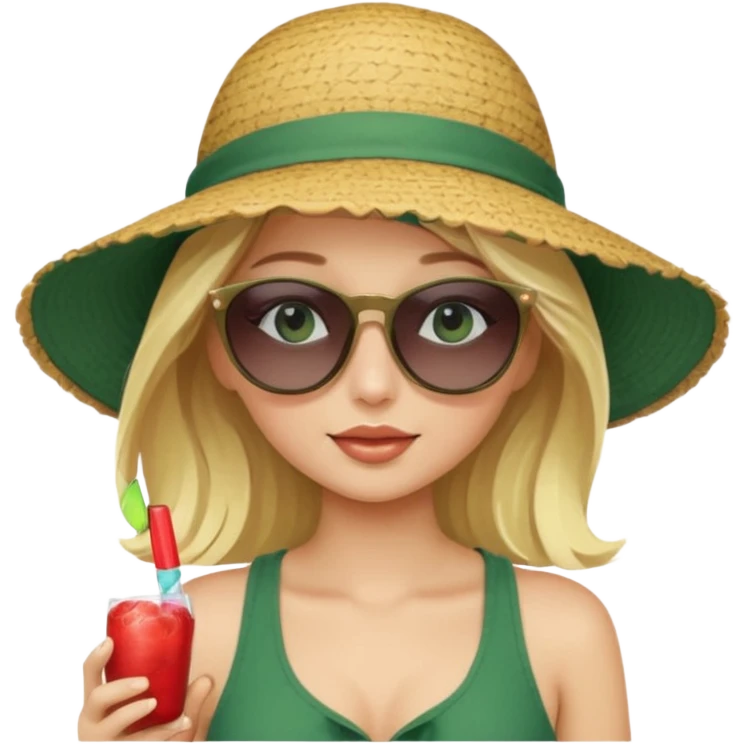
blonde girl in dark green beach big hat adjusting sunglasses emoji