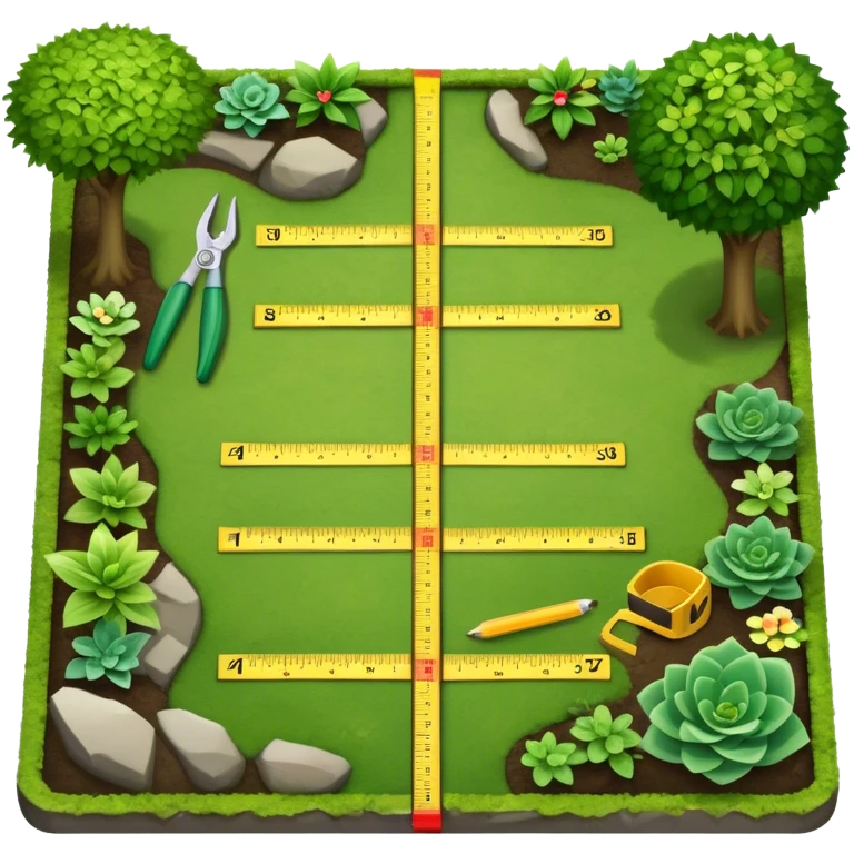 Icon for Landscape Design: a garden layout with plants, trees, paths, and design tools like a ruler, pencil and measuring tape. The icon should represent creativity in outdoor space planning and gardening. Transparent background. emoji