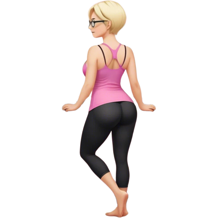 Render from knees up, view from the back, fair skinned woman, curvy, short blond hair, small reading glasses, cooking dinner in kitchen, pink loose tank top, showing natural B cup breast shape SFW, black yoga pants, large curvy booty emoji
