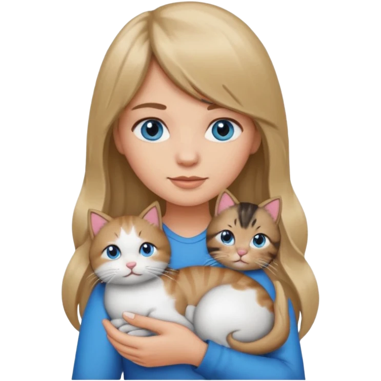 Apple-style emoji sticker of a young woman with long dark blond hair and bang, blue eyes , holding a kitty with black and white patch on her chest.  emoji