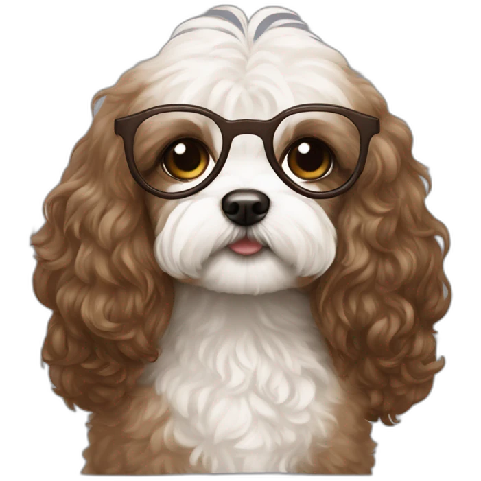 Long brown hair, eyeglassed turkish girl with white maltipoo emoji