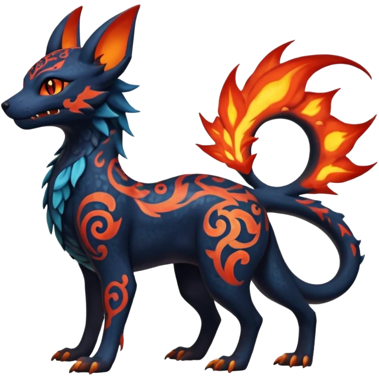 Shiny Fiery Dark Ugly Evil Realistic Glowing Eldritch Horror Cool Edgy Badass Emo Glorious Demonic Batty Dusky Ethereal Magical Punky Aural Fluorescent Bioluminescent Hideous Canine-Litten-Amaura-Salandit-Noibat-Flareon-Fakémon-fusion (full body) with intricate pattern markings emoji