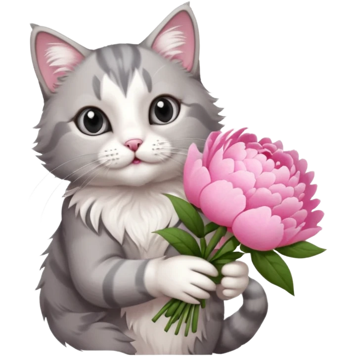 Cute cat Handing pink peonies like reaching a hand and handing them out a bouquet of them not a physical hand the cats hand  make the cat fluffy and grey and white fluffier make the cat wear a pink coquette emoji