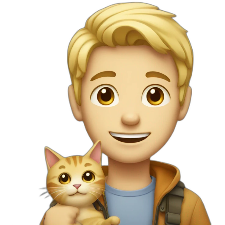 a cheerful boy with blond hair and a cat emoji