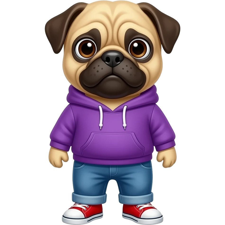 Pug wearing a purple hoodie with blue jeans and red shoes  emoji