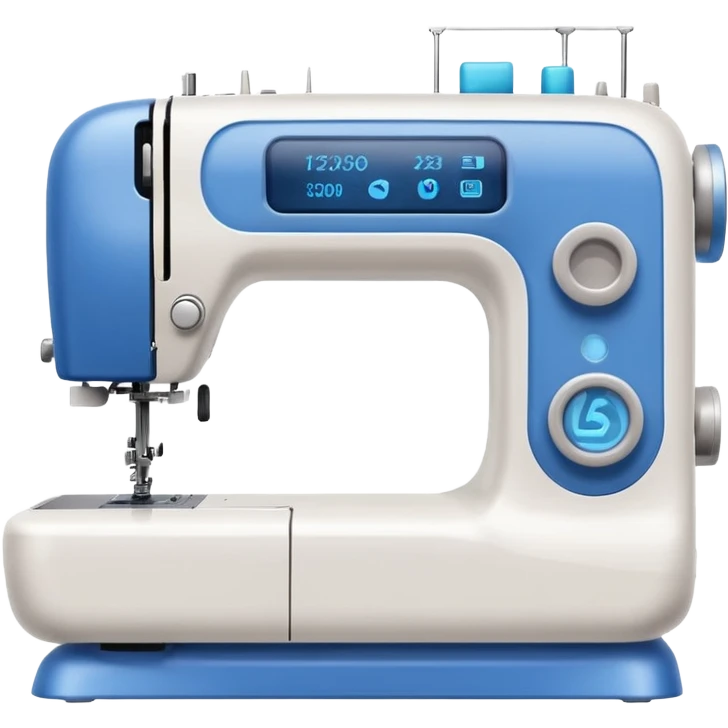 Emoji of a modern sewing machine inspired by a Brother machine. Soft, rounded shapes in the style of Apple emojis, with subtle gradients and soft shadows. White body with light gray details, a blue thread spool on top, a small digital screen and a round dial. emoji