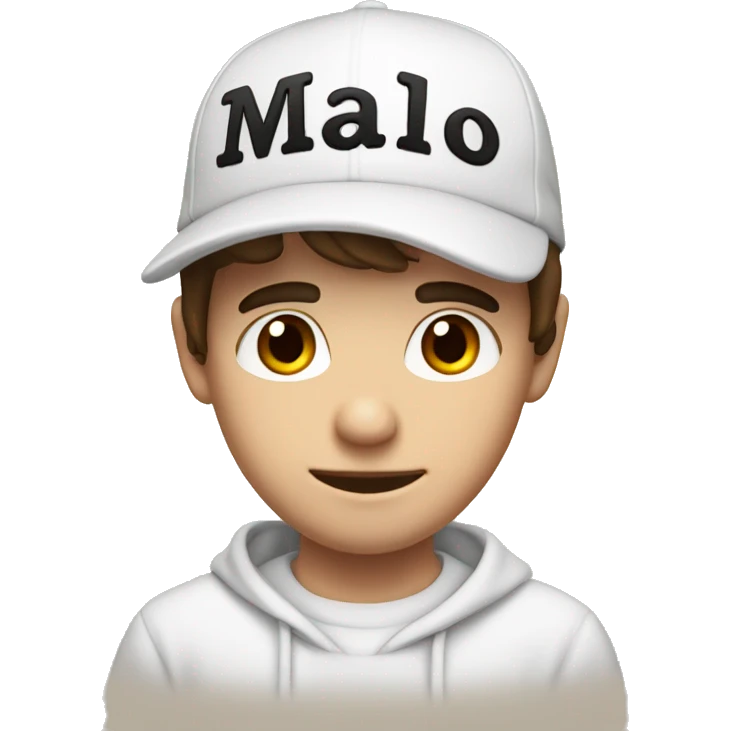 Young guy, brown hair, white sweatshirt, black cap with the inscription malo emoji