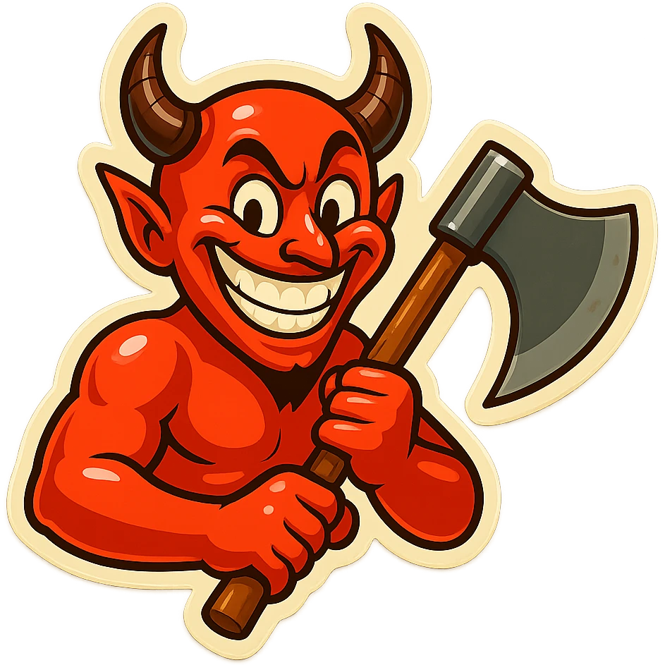 Transform the devil into a humorous, happy character with a Joker-like grin and playful attitude. Keep the axe, use vibrant colors and a comical, lighthearted mood. emoji