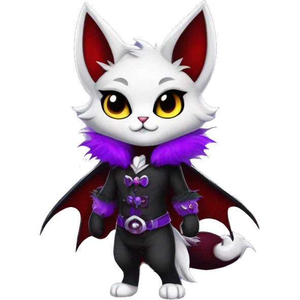 Anthro-Cute-Edgy-Cool-Vampiric-Batty-Cat-Black-Purple-Red-Grey-White-Yellow-Contrast-Colors-Fantasy-Fur-Sona-Chibi-Shiny-Fakémon-Hybrid with horns and fangs and collar full body emoji