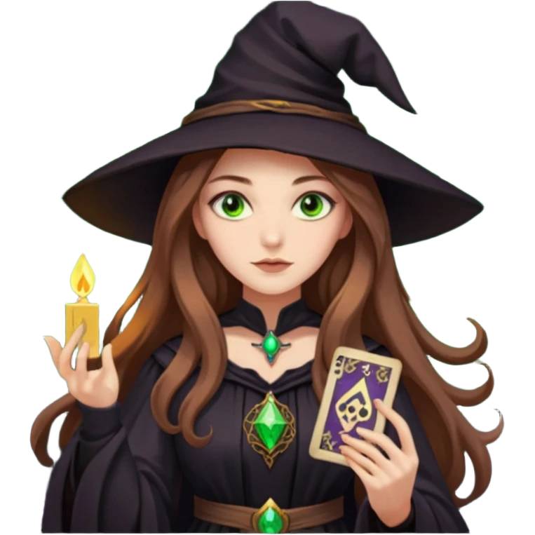 dark witch girl with long light brown hair and green eyes and Tarot cards emoji