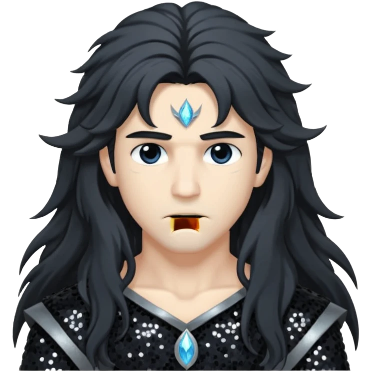 Boreas, God of North Wind from Gods and Goddesses with long black shaggy hair, dark gray sequin outfit emoji