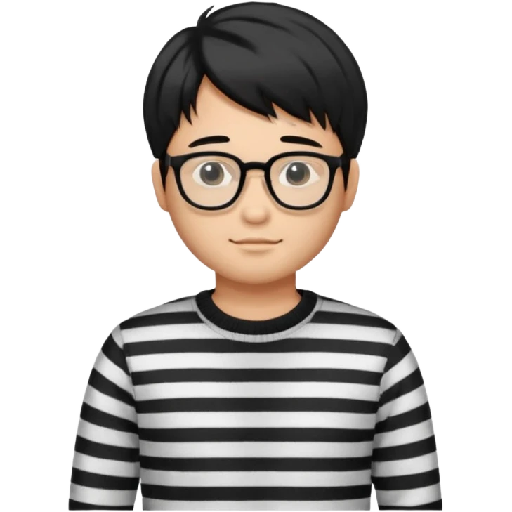 asian man with black curtains styled hair in striped sweater standing and in glasses emoji