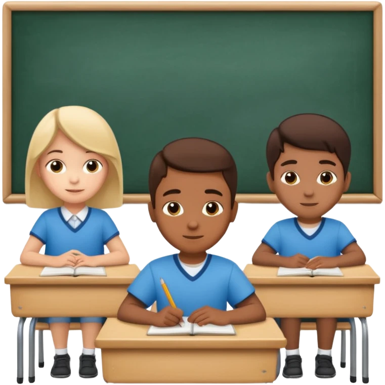 three school children sitting in a row behind their school desks emoji